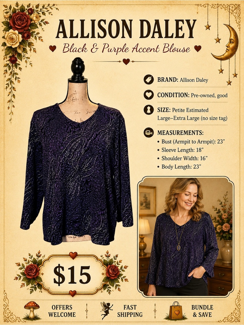 Allison Daley Black Purple Petite Blouse L